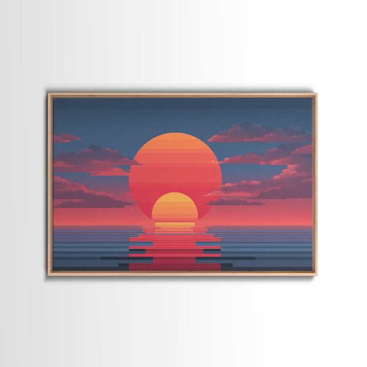 Retro Double Sun Ocean Wall Art, Midcentury Modern Art Print, Vaporwave Sunset Poster, Pink Blue Living Room Decor, Digital Art Print
