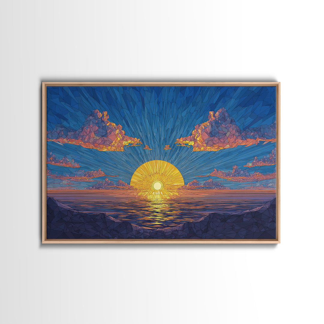 Polygon Sunset Ocean Framed Canvas Print, Midcentury Modern Wall Art, Geometric Seascape Poster, Colorful Home Decor, Blue Art Print