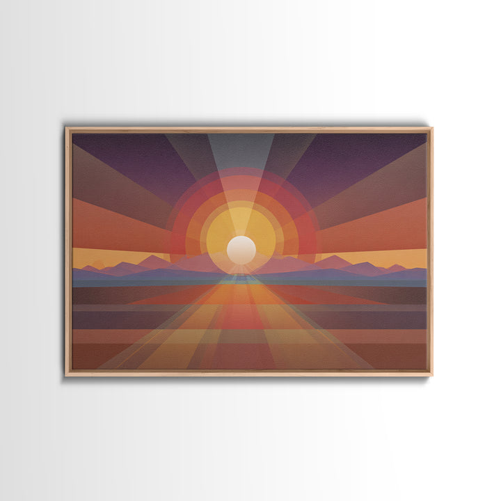 Geometric Desert Sunrise Wall Art, Midcentury Modern Abstract Art, Orange Sun Poster, Boho Southwestern Home Decor, Canvas Print