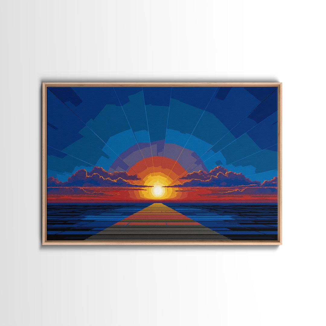 Bold Blue Sunset Pier Canvas Print, Retro Modern Wall Art, Midcentury Ocean Poster, Graphic Living Room Wall Decor, Large Art Print