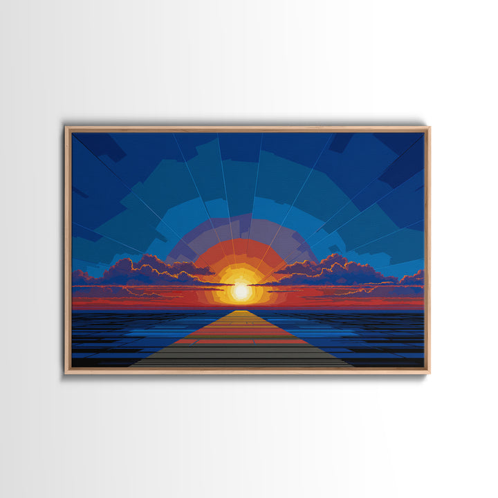 Bold Blue Sunset Pier Canvas Print, Retro Modern Wall Art, Midcentury Ocean Poster, Graphic Living Room Wall Decor, Large Art Print