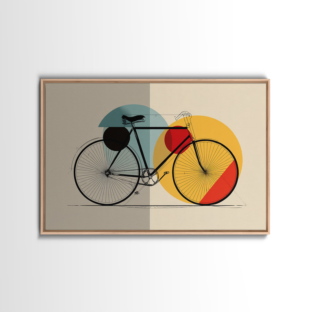 Minimalist Bicycle Framed Canvas Print, Midcentury Modern Wall Art, Orange Yellow Circle Decor, Geometric Bike Poster Gift