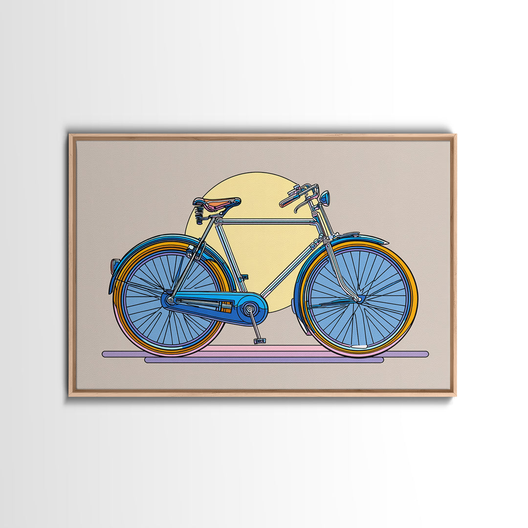 Blue Cruiser Bicycle Canvas Print, Midcentury Modern Wall Art, Retro Bike Poster, Yellow Sun Decor For Home Office Decor Gift