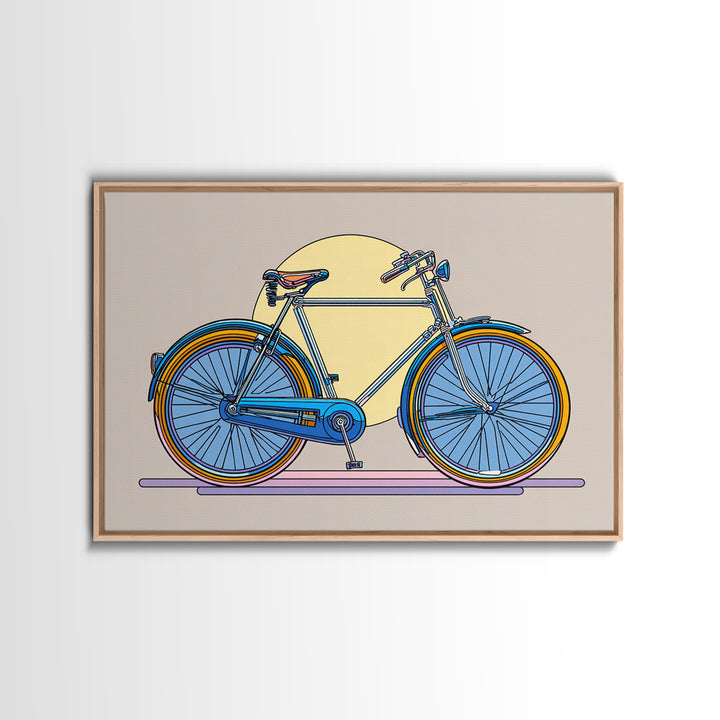 Blue Cruiser Bicycle Canvas Print, Midcentury Modern Wall Art, Retro Bike Poster, Yellow Sun Decor For Home Office Decor Gift