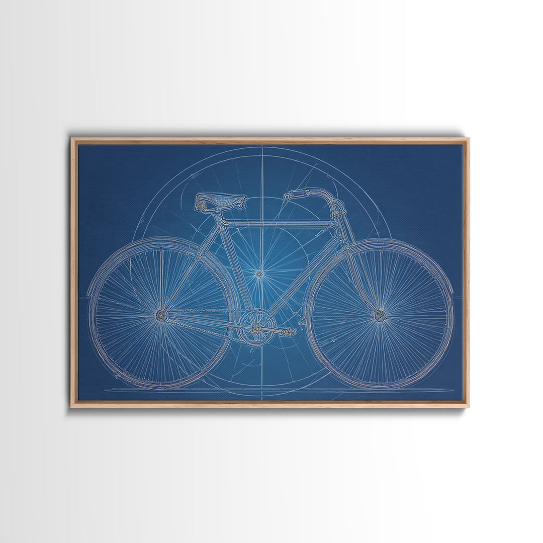 Blueprint Bicycle Wall Art, Technical Line Drawing, Midcentury Modern Bike Poster, Blue Geometric Office Decor Print Gift