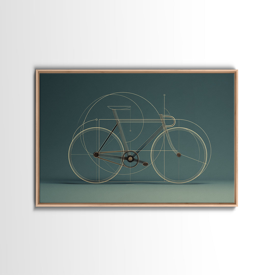 Minimal Line Bicycle Framed Canvas Print, Midcentury Modern Wall Art, Teal Geometric Bike Decor, Office Poster Print Gift