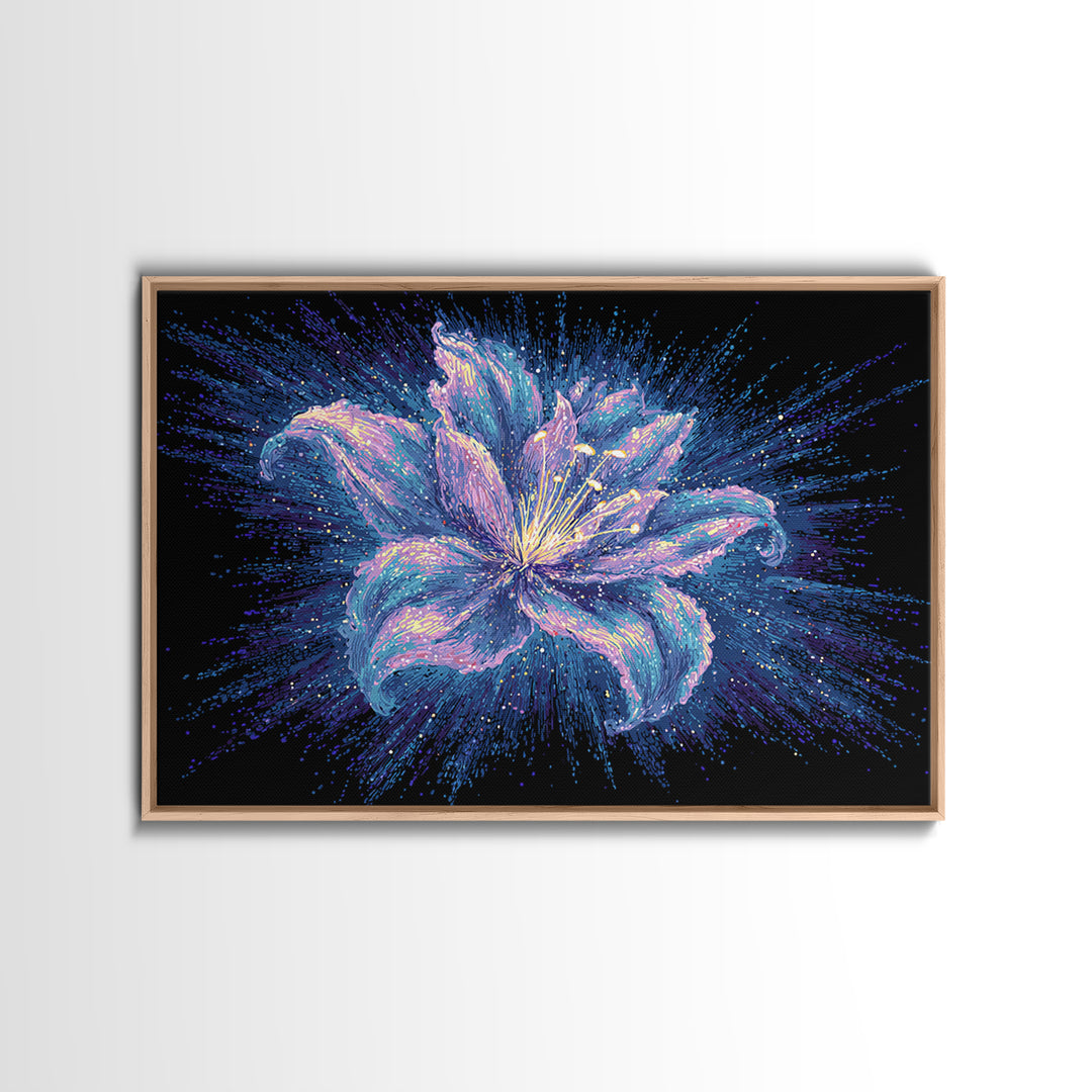 Electric Purple Lily Canvas Print, Glowing Botanical Flower, Cosmic Floral Wall Decor, Modern Abstract Art For Bedroom Decor