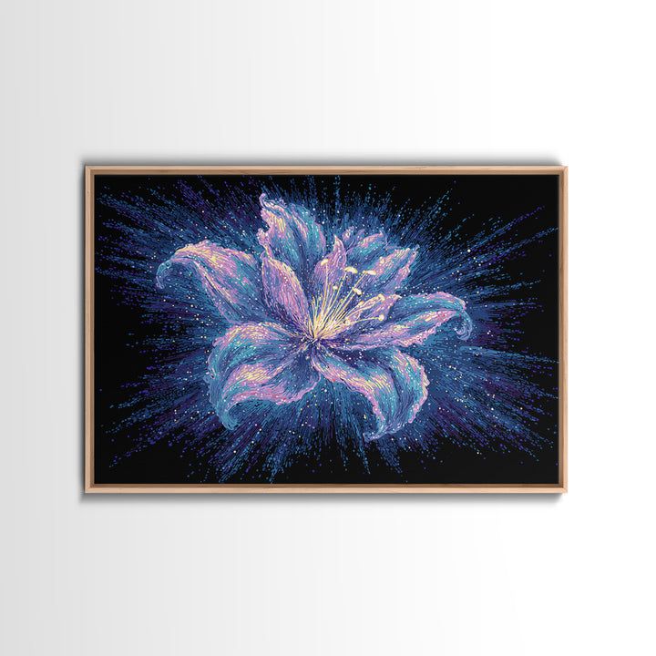 Electric Purple Lily Canvas Print, Glowing Botanical Flower, Cosmic Floral Wall Decor, Modern Abstract Art For Bedroom Decor