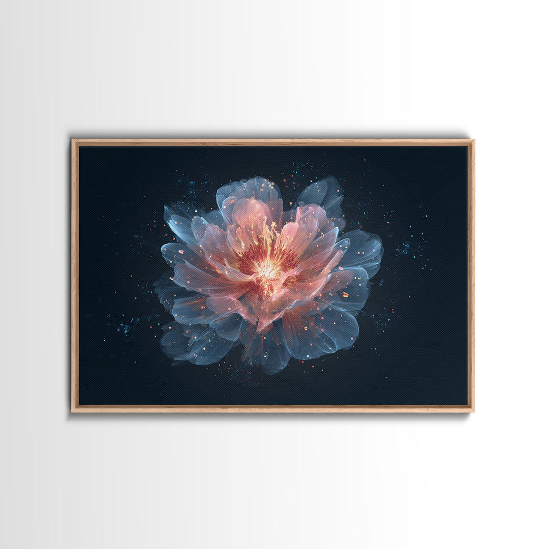 Luminous Peach Blue Blossom Framed Canvas Print, Ethereal Flower Wall Art, Modern Botanical Decor, Romantic Bedroom Art Print