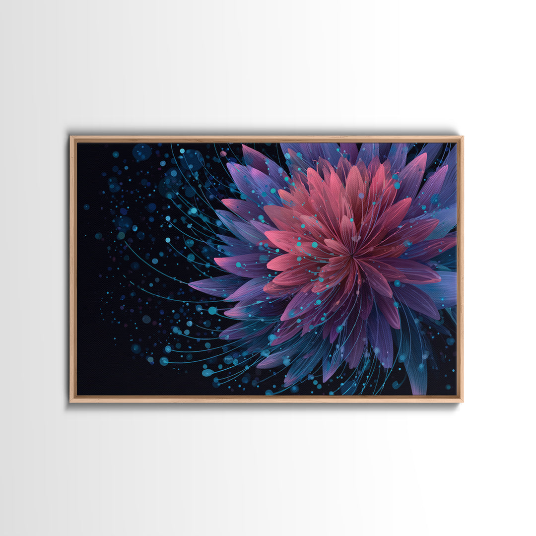 Magenta Purple Dahlia Wall Art, Electric Floral Abstract, Blue Splatter Botanical Poster, Modern Home Decor Canvas Print