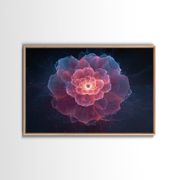 Glowing Pink Peony Canvas Print, Luminous Blue Floral Mandala, Modern Abstract Botanical Wall Art, Romantic Bedroom Decor