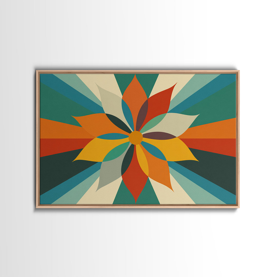 Geometric Orange Teal Flower Wall Art, Mid Century Modern Sunburst, Retro Atomic Floral Poster, Bold MCM Canvas Print Decor