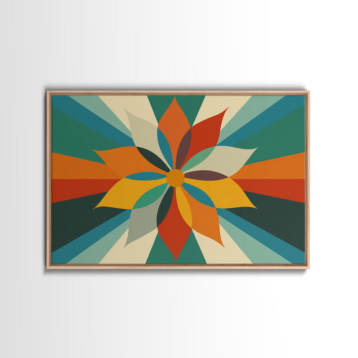 Geometric Orange Teal Flower Wall Art, Mid Century Modern Sunburst, Retro Atomic Floral Poster, Bold MCM Canvas Print Decor