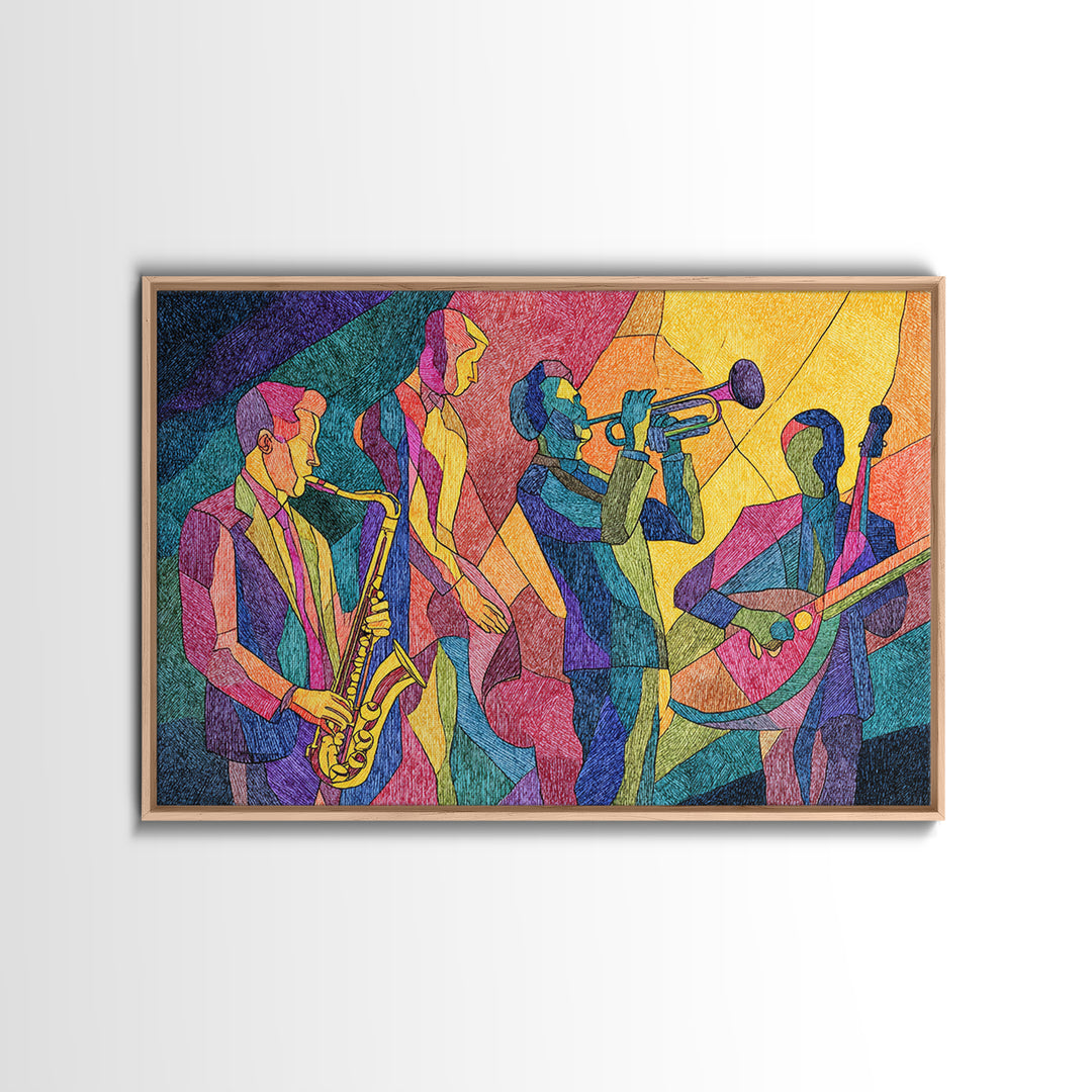 Colorful Cubist Jazz Band With Saxophone And Trumpet Wall Art, Midcentury Modern Art Print, Vibrant Music Room Decor, Poster