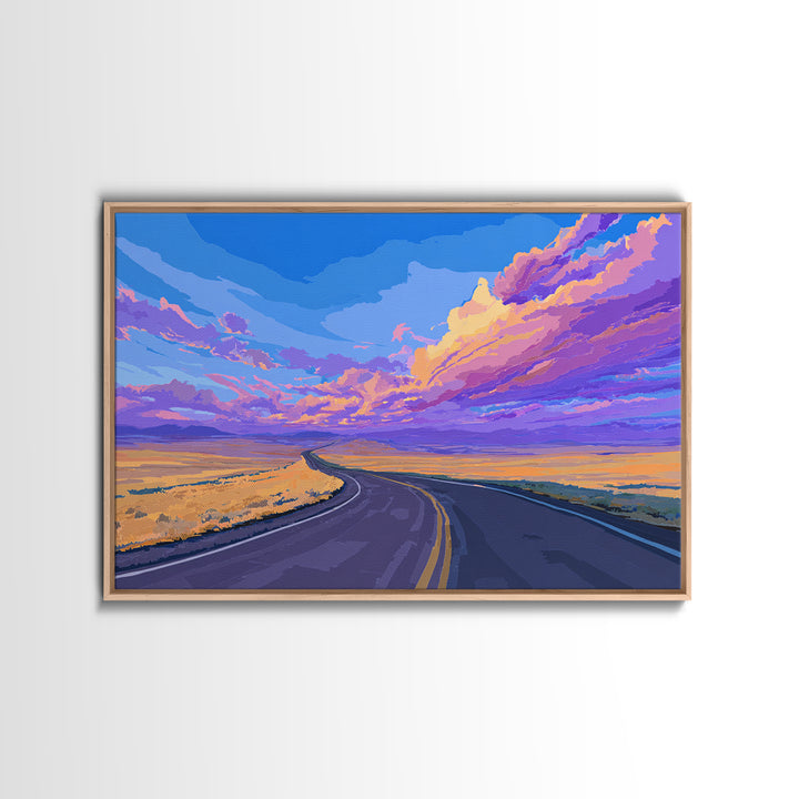Purple Sunset Open Road Wall Art, Colorful Desert Landscape, Modern Art Print, Retro Poster, Living Room Home Office Decor