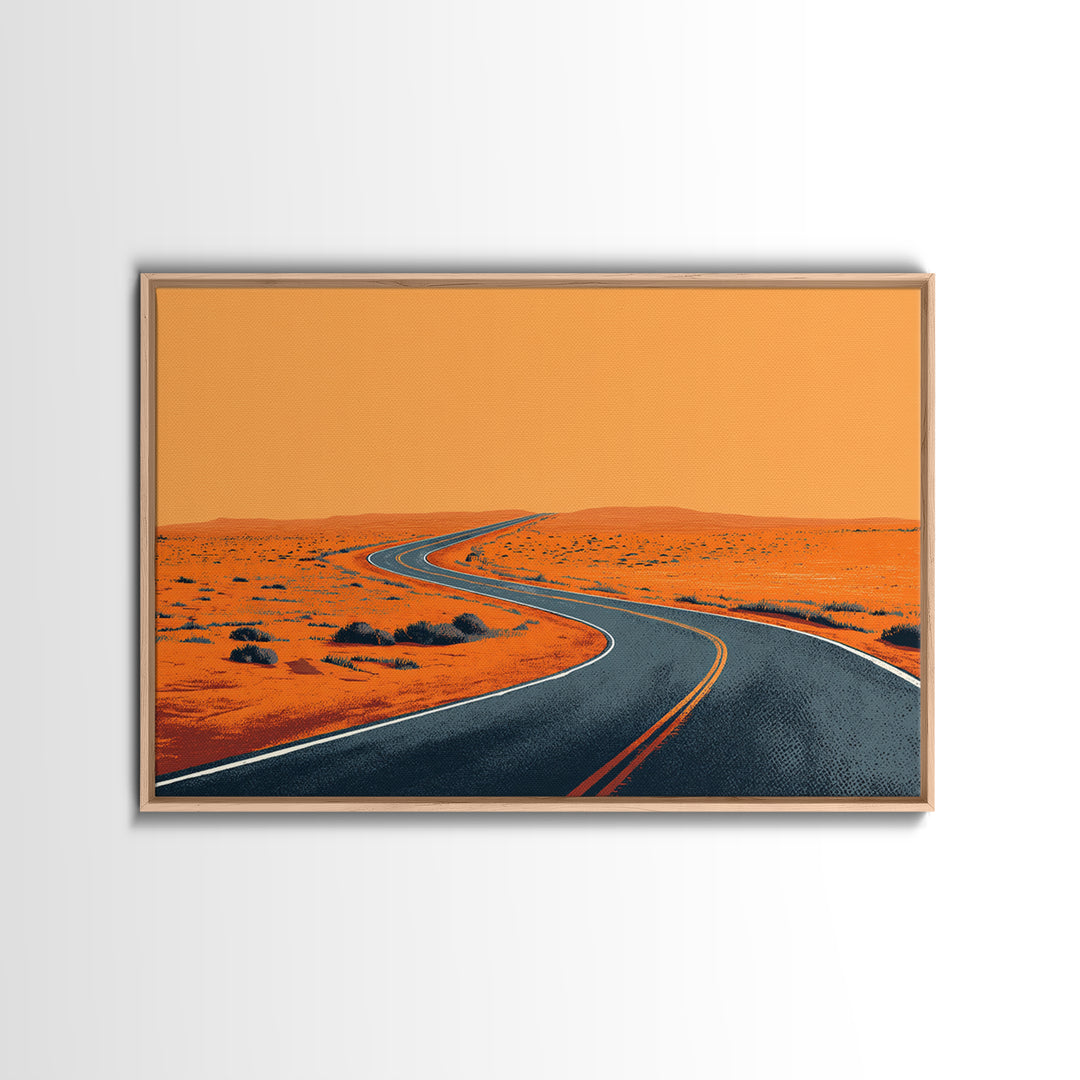 Orange Desert Highway Curve Wall Art, Minimalist Landscape, Midcentury Modern Art Print, Retro Road Poster, Mid Century Decor Gift