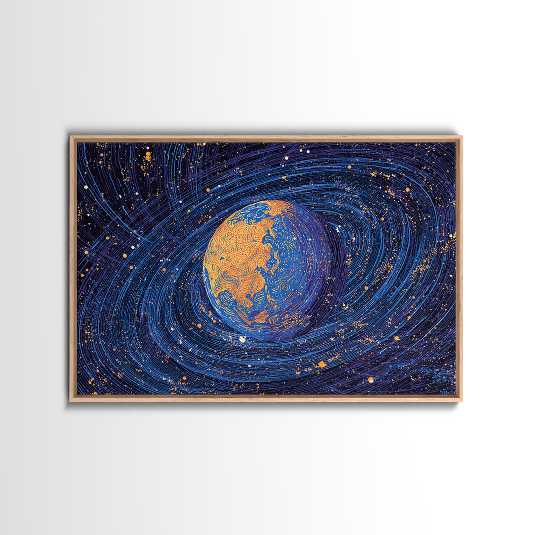 Swirling Blue Orange Planet Wall Art, Cosmic Abstract Space Poster, Modern Digital Art Print, Galaxy Decor, Science Gift