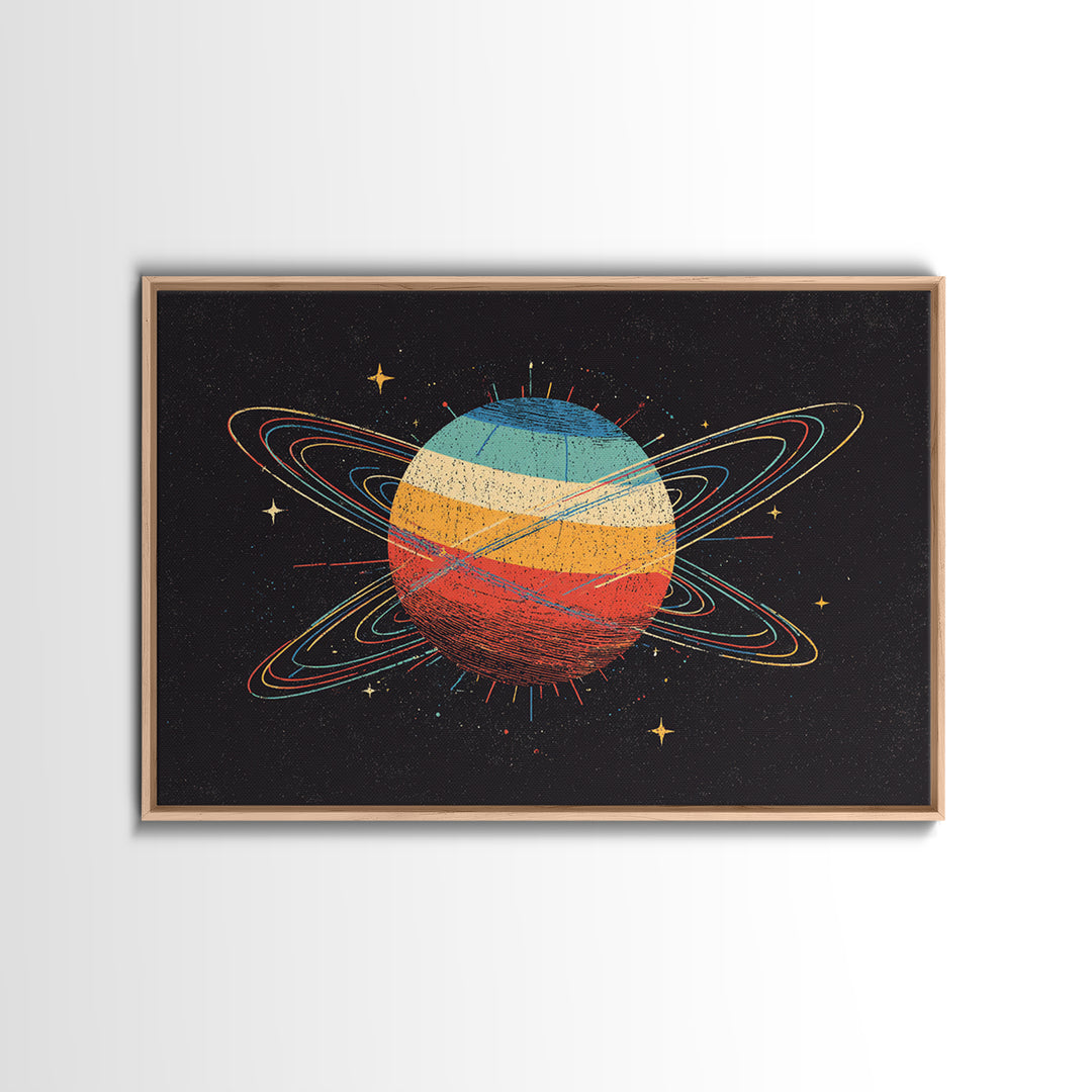 Retro Ringed Planet Canvas Print, Saturn Inspired Space Abstract Art, Midcentury Modern Wall Home Decor, Cosmic Poster Gift