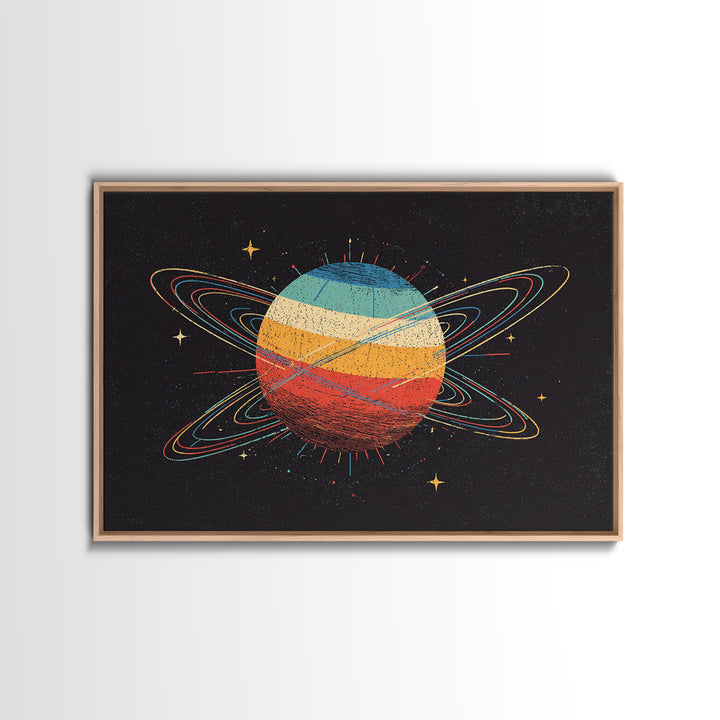 Retro Ringed Planet Canvas Print, Saturn Inspired Space Abstract Art, Midcentury Modern Wall Home Decor, Cosmic Poster Gift