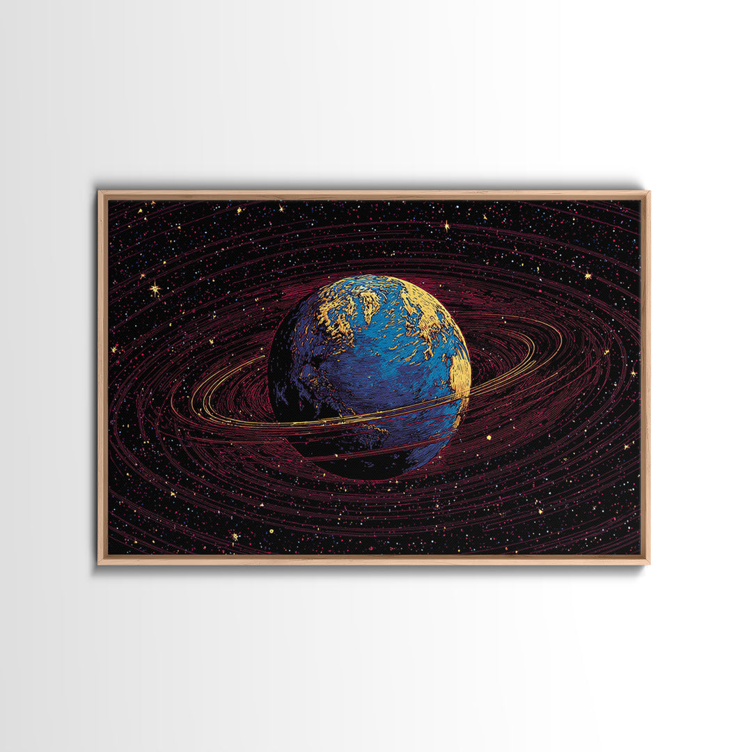Blue Earth With Golden Rings Wall Art, Cosmic Abstract Space Poster, Modern Digital Art Print, Galaxy Home Office Decor Gift