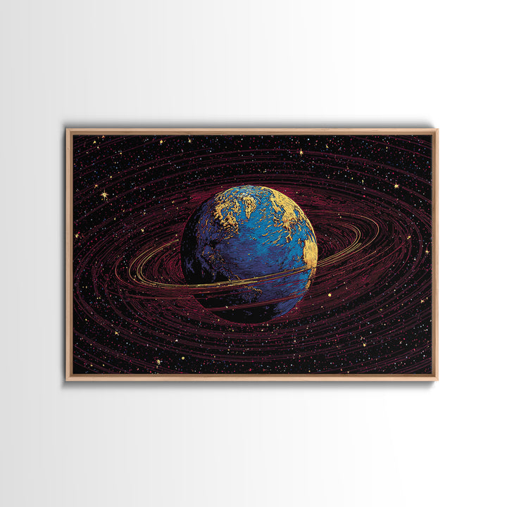 Blue Earth With Golden Rings Wall Art, Cosmic Abstract Space Poster, Modern Digital Art Print, Galaxy Home Office Decor Gift