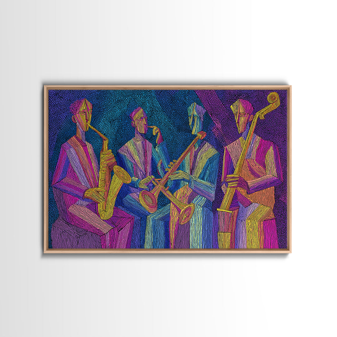 Neon Jazz Quartet With Saxophones And Upright Bass Canvas Print, Midcentury Modern Art, Colorful Retro Music Room Decor, Poster