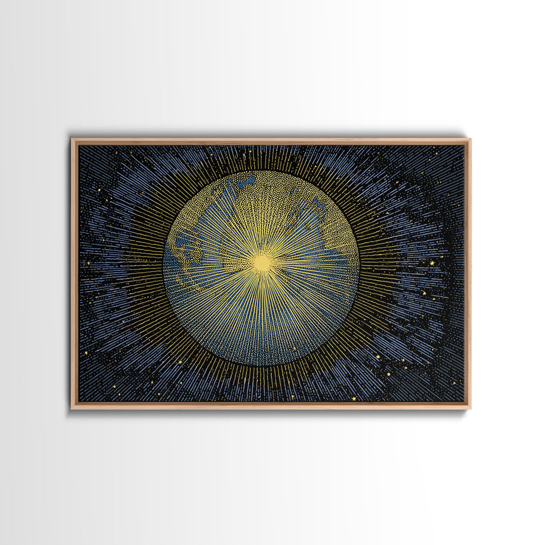 Golden Radiant Sun Planet Canvas Print, Cosmic Space Abstract Art, Midcentury Modern Wall Home Decor, Celestial Poster Gift