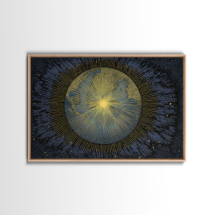 Golden Radiant Sun Planet Canvas Print, Cosmic Space Abstract Art, Midcentury Modern Wall Home Decor, Celestial Poster Gift