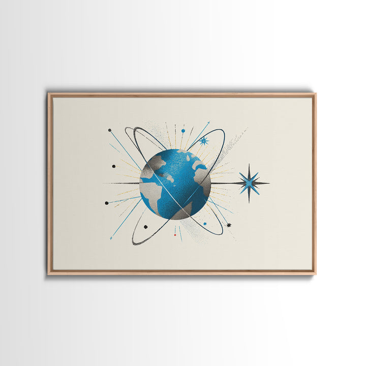 Atomic Blue Globe And Orbit Stars Wall Art, Midcentury Modern Space Poster, Retro Science Print, Cosmic Office Decor For MCM Home