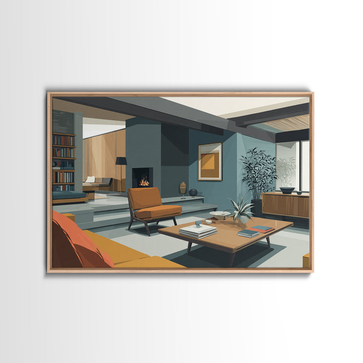 Teal Fireplace Living Room With Orange Sofa Framed Canvas Print, Midcentury Modern Wall Art, Retro MCM Home Decor, Office Poster