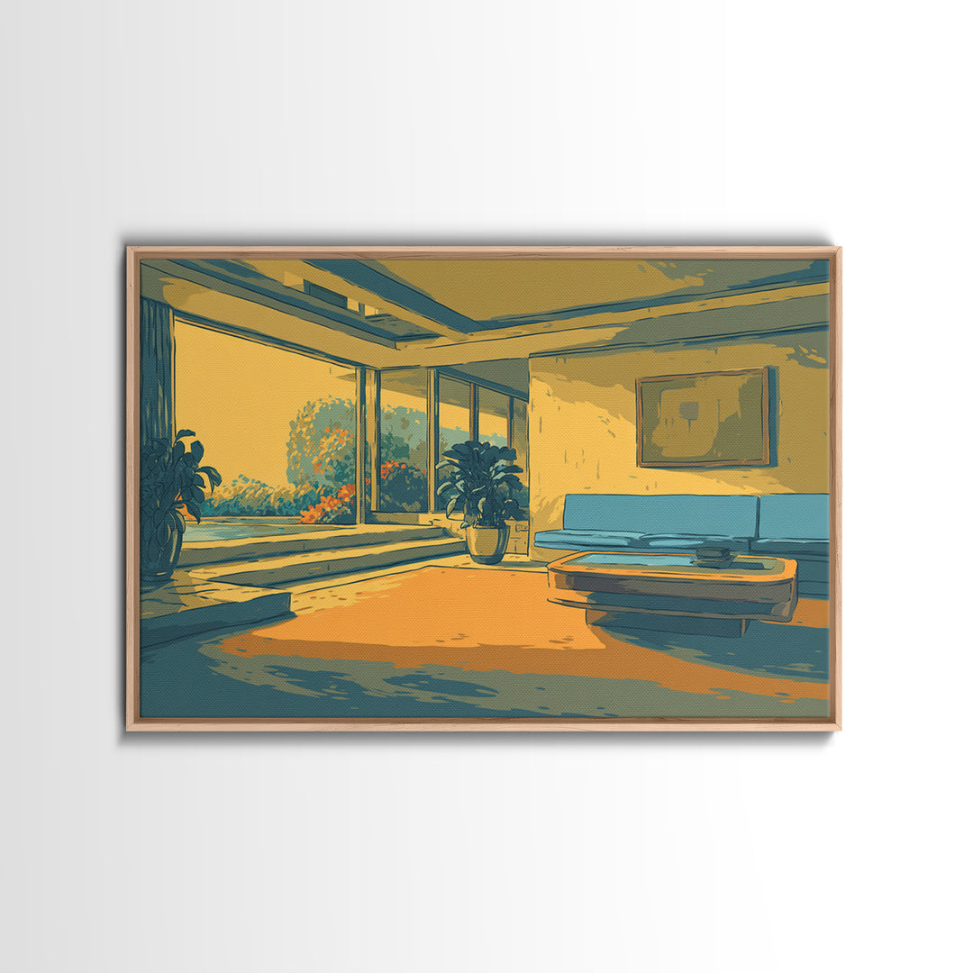 Sunlit Yellow And Teal Lounge With Plants Canvas Print, Midcentury Modern Wall Art, Retro Interior Decor For Living Room