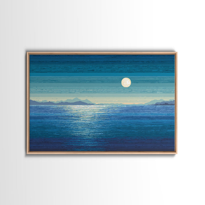 Blue Moon Over Ocean And Distant Mountains Wall Art, Coastal Landscape Print, Modern Home Decor, Serene Bedroom Poster Gift