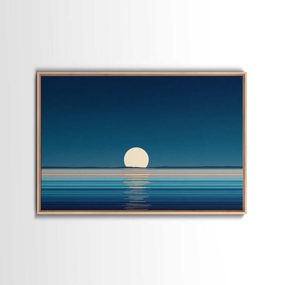 Minimal Full Moon Rising Over Calm Blue Sea Canvas Print, Modern Coastal Wall Art, Serene Ocean Poster For Bedroom Decor