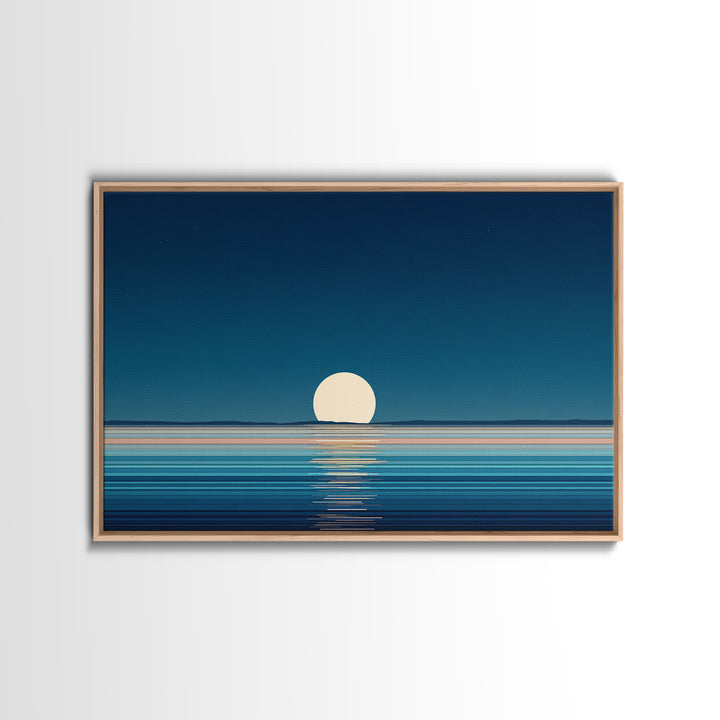 Minimal Full Moon Rising Over Calm Blue Sea Canvas Print, Modern Coastal Wall Art, Serene Ocean Poster For Bedroom Decor
