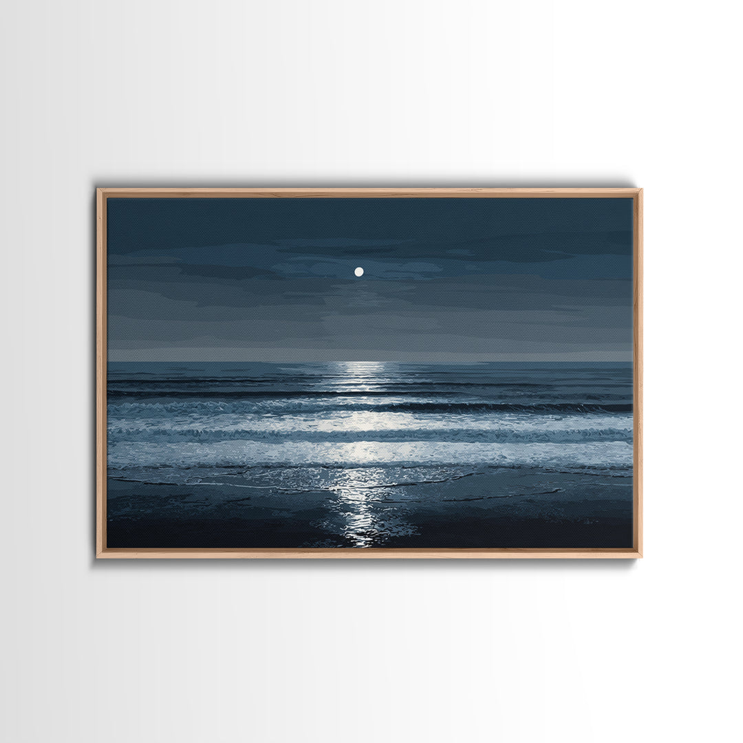 Moonlit Waves And Silver Reflection Framed Canvas Print, Blue Ocean Wall Art, Modern Coastal Bedroom Decor, Seascape Poster