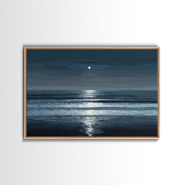 Moonlit Waves And Silver Reflection Framed Canvas Print, Blue Ocean Wall Art, Modern Coastal Bedroom Decor, Seascape Poster