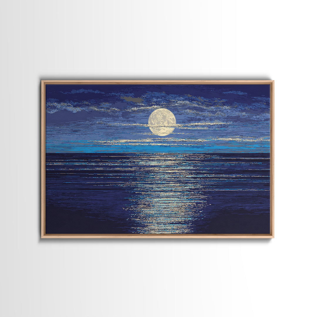 Full Moon Over Deep Blue Water With Glow Wall Art, Modern Coastal Seascape Print, Textured Ocean Decor For Bedroom And Living Room