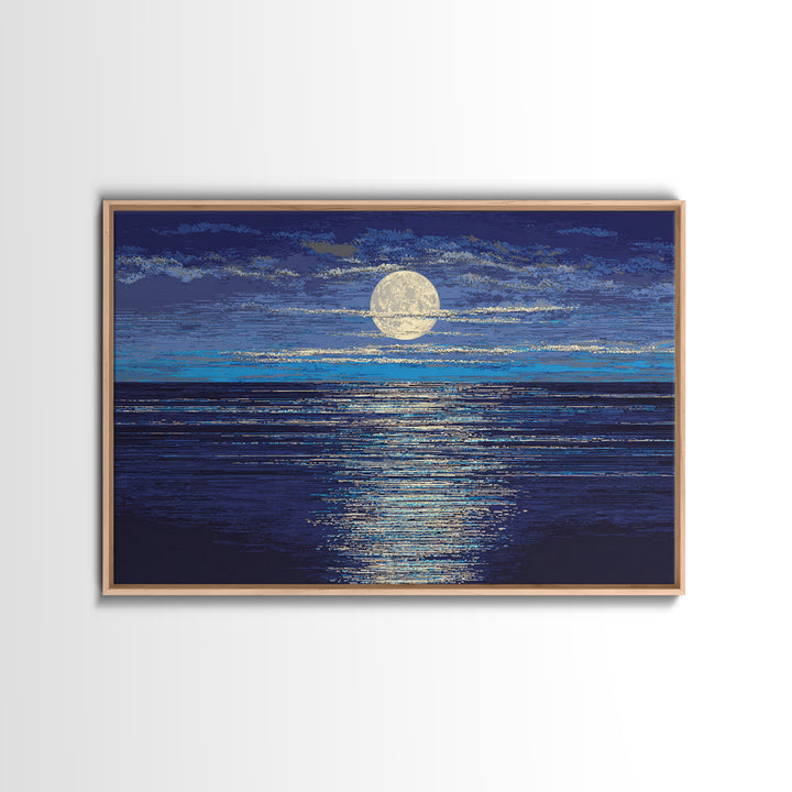 Full Moon Over Deep Blue Water With Glow Wall Art, Modern Coastal Seascape Print, Textured Ocean Decor For Bedroom And Living Room