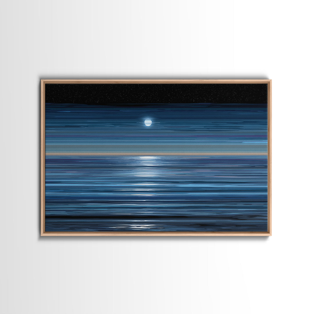 Starry Night Moon Above Blue Horizon Canvas Print, Modern Coastal Wall Art, Minimal Ocean Poster For Bedroom And Living Room Decor