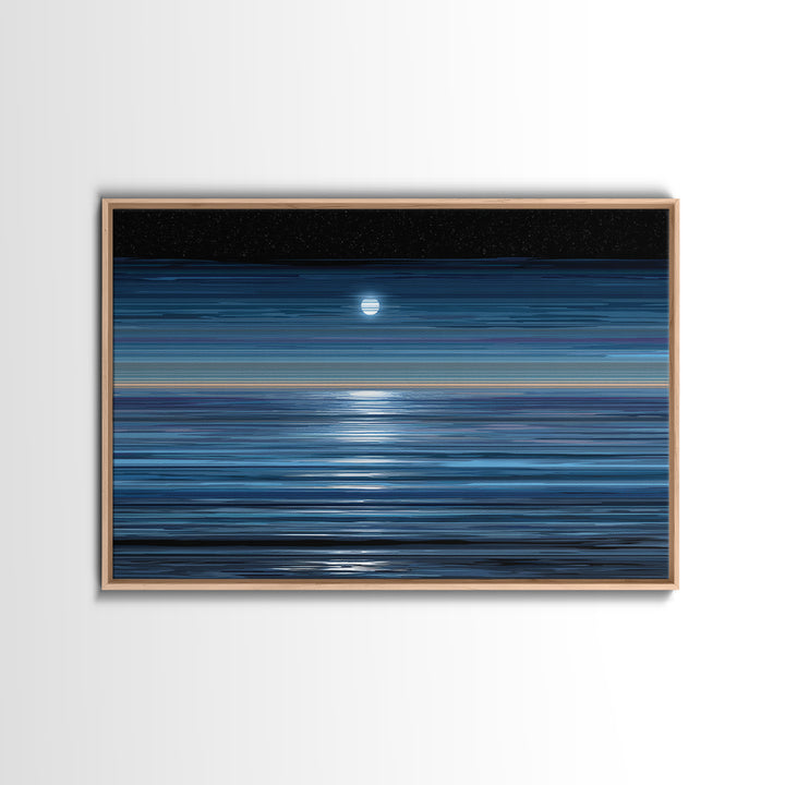 Starry Night Moon Above Blue Horizon Canvas Print, Modern Coastal Wall Art, Minimal Ocean Poster For Bedroom And Living Room Decor