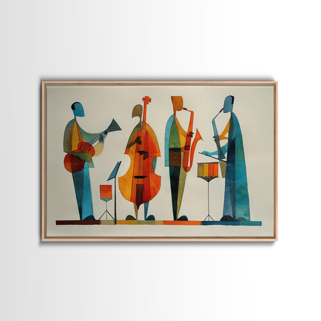 Minimalist Woodcut Jazz Band With Bass And Drums Framed Canvas Print, Midcentury Modern Wall Art, Scandinavian MCM Decor