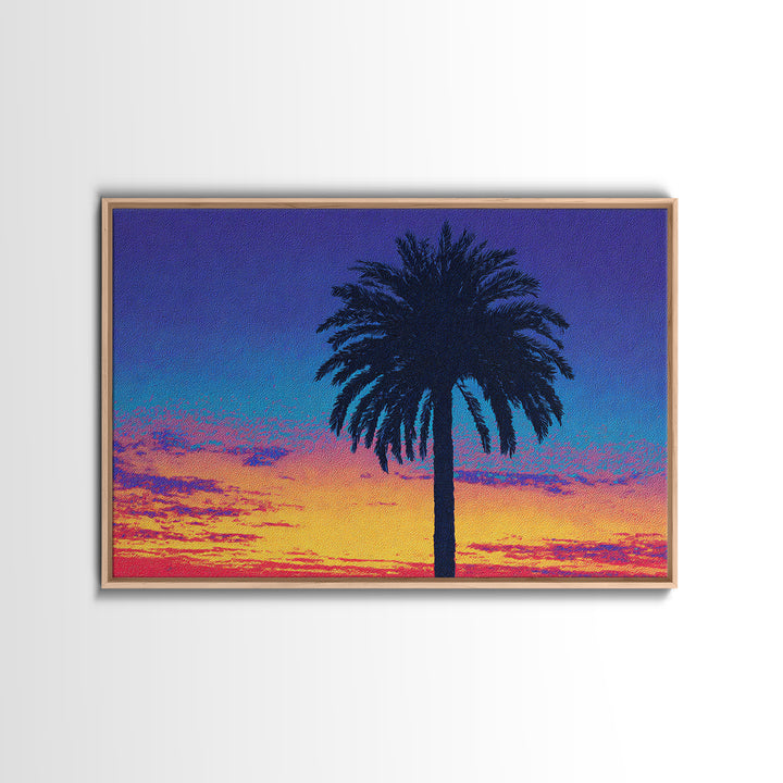 Palm Tree Silhouette At Purple Orange Sunset Wall Art, Retro Tropical Poster, Midcentury Modern Coastal Home Decor, Palm Springs
