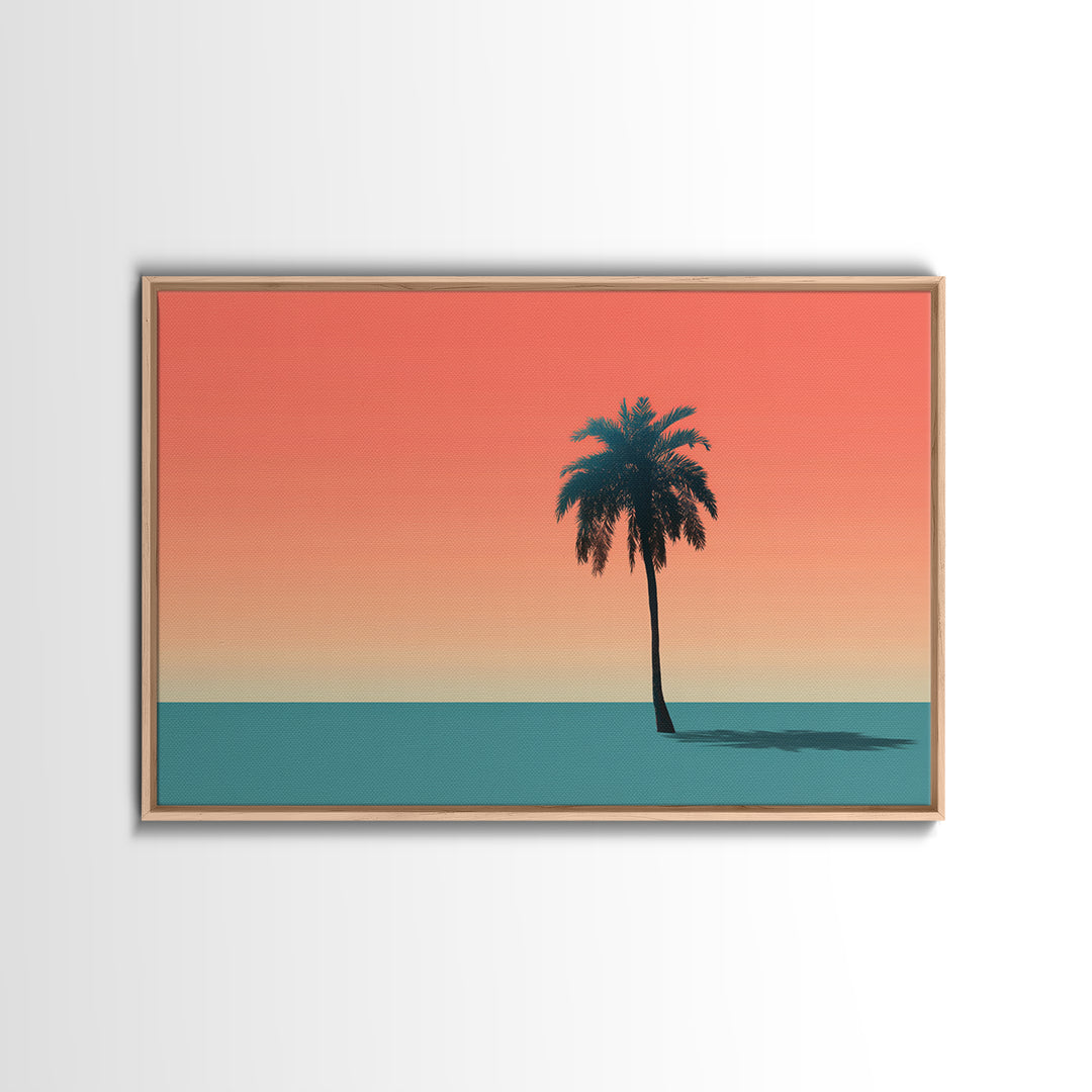 Minimal Palm Tree Shadow Wall Art, Modern Tropical Canvas Print, Teal Orange Sunset Decor, Palm Springs Home Art, Retro Wall Decor