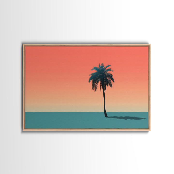 Minimal Palm Tree Shadow Wall Art, Modern Tropical Canvas Print, Teal Orange Sunset Decor, Palm Springs Home Art, Retro Wall Decor