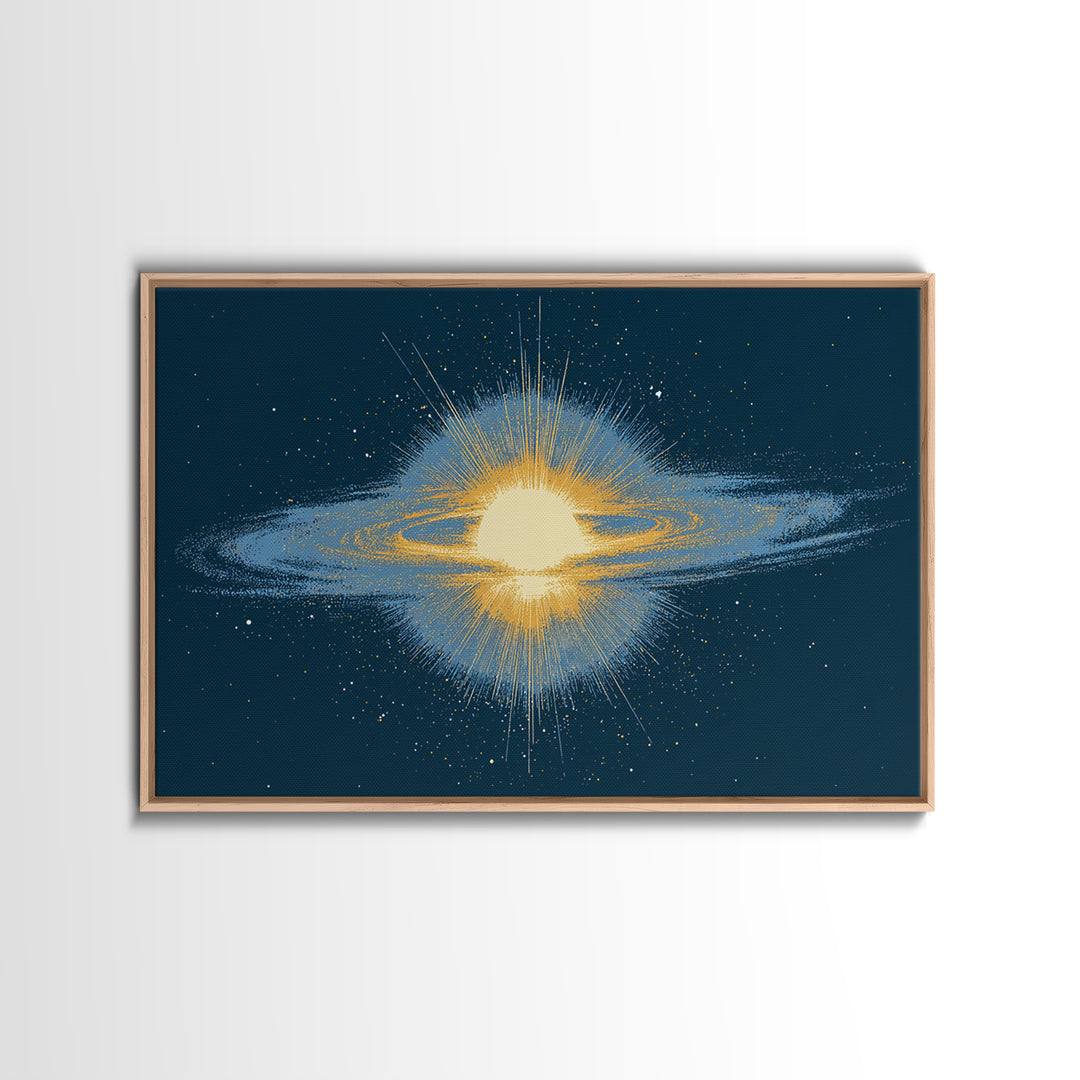 Glowing Galaxy Ring Wall Art, Cosmic Abstract Canvas Print, Space Poster, Modern Digital Art, Blue Gold Star Decor, Sci Fi Wall Art