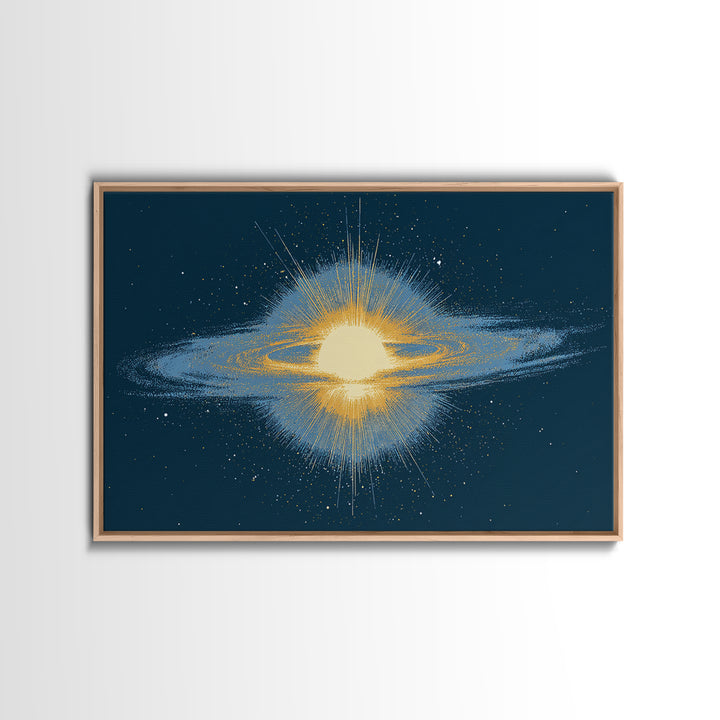 Glowing Galaxy Ring Wall Art, Cosmic Abstract Canvas Print, Space Poster, Modern Digital Art, Blue Gold Star Decor, Sci Fi Wall Art
