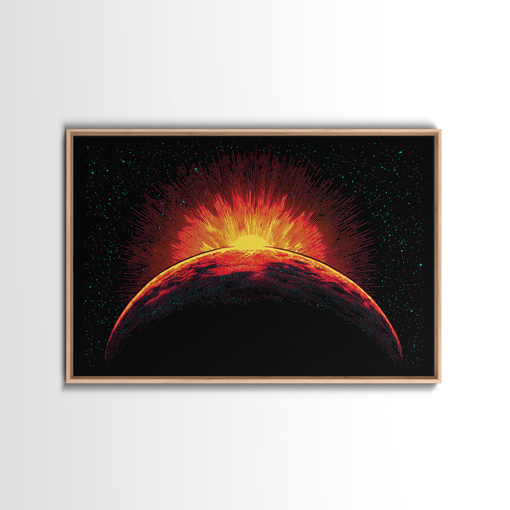 Fiery Red Planet Sunrise Wall Art, Retro Sci Fi Canvas Print, Cosmic Space Poster, Orange Black Modern Home Decor, Art Print