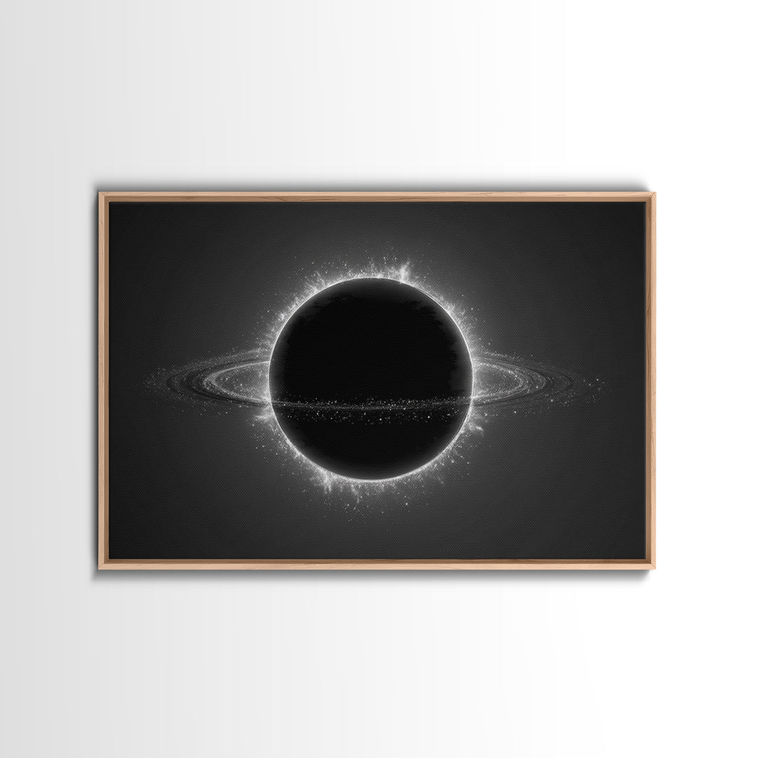 Black Eclipse Ringed Planet Wall Art, Monochrome Space Canvas Print, Modern Abstract Art, Sci Fi Home Office Decor, Poster