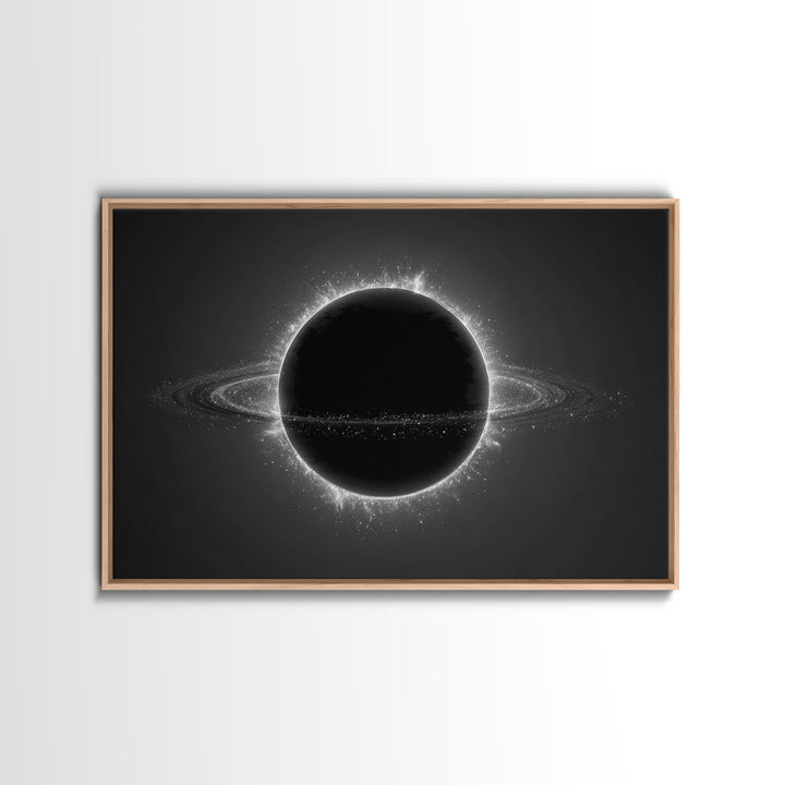 Black Eclipse Ringed Planet Wall Art, Monochrome Space Canvas Print, Modern Abstract Art, Sci Fi Home Office Decor, Poster