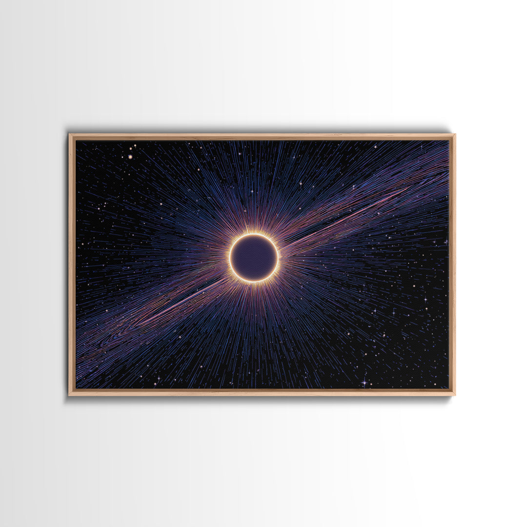 Radiant Solar Eclipse Wall Art, Cosmic Starburst Canvas Print, Space Abstract Poster, Modern Sci Fi Galaxy Decor, Blue Wall Art